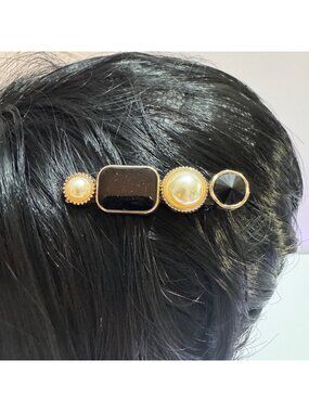 Black & Gold Hair Clip With Faux Pearls & Black Stones Womens Hair Accessory - N
